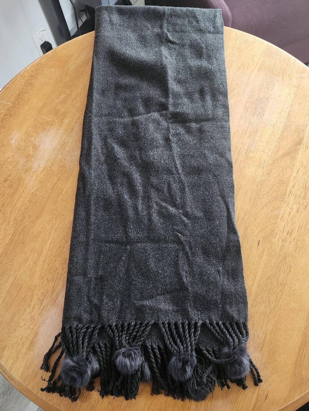 100% Cashmere Scarf Dark Gray Fringe Pom Pom Soft Lightweight Luxury Wrap 80"